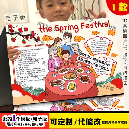 2024新年英语春节习俗手抄报年夜饭英语手抄报龙年团年饭过年小报