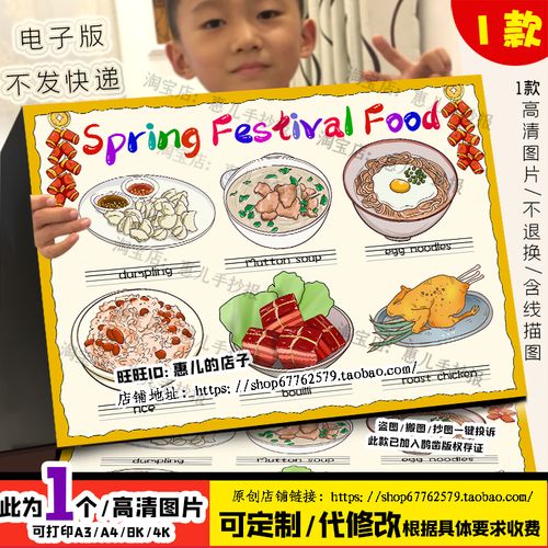 春节美食英语英文手抄报儿童画舌尖的美食英文2024龙年电子版小报